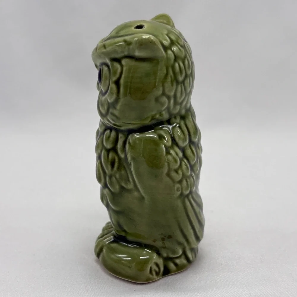 Green Owl Ceramic Salt or Pepper Shaker Single Japan Olive Green Vintage
